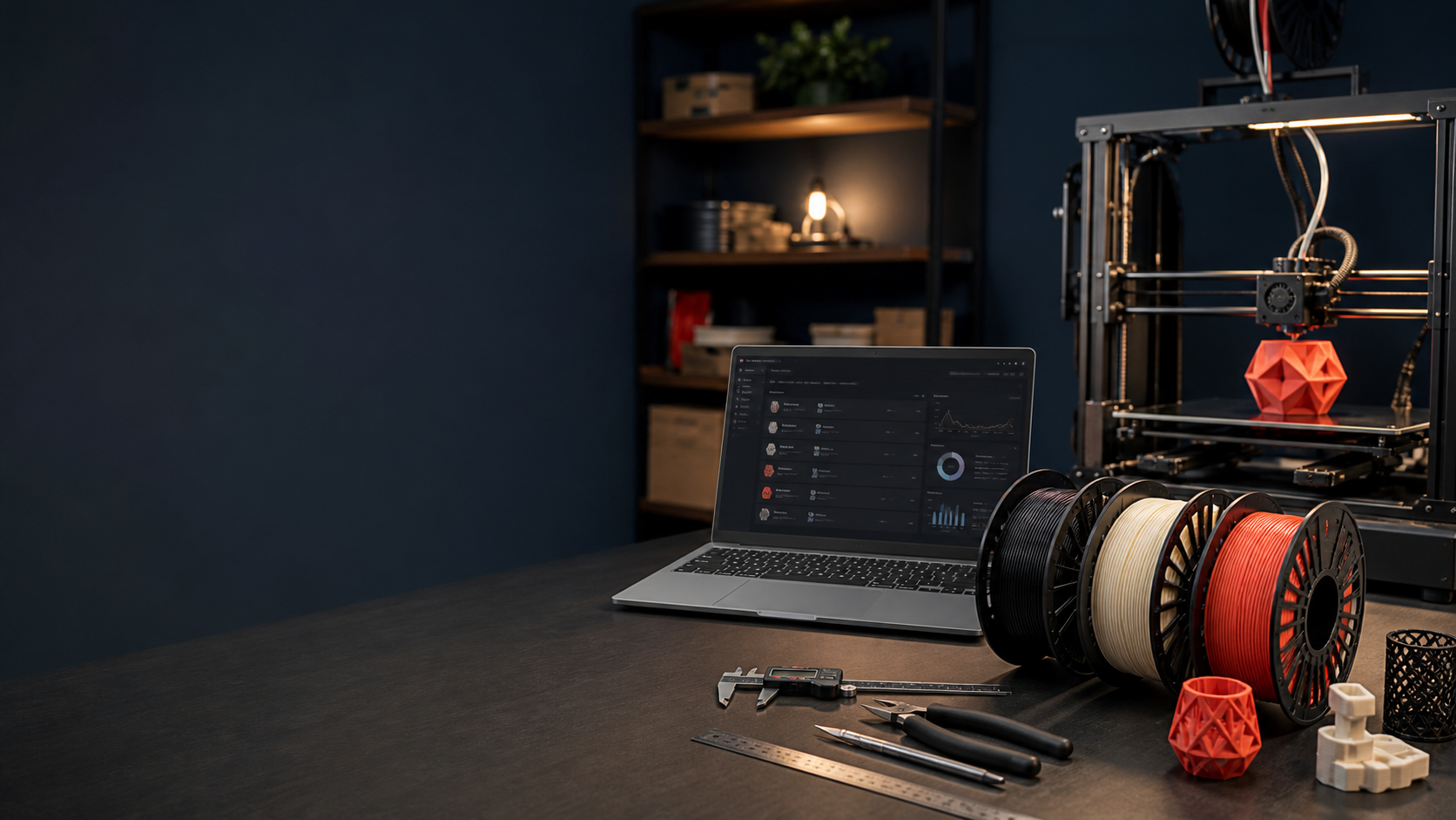 Atelier de imprimare 3D cu role de filament, imprimantă și laptop